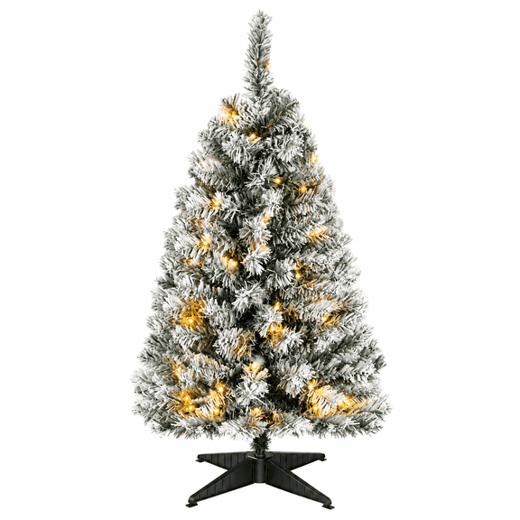 Okicoler 3 ft Pre-Lit Flocked Artificial Christmas Tree, 50 LEDs, White