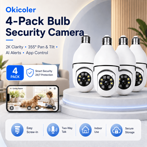 Okicoler 4-Pack 2K WiFi Light Bulb Security Cameras, 355 Pan & Tilt Indoor Smart Camera Set with AI Human/Pet/Vehicle Detection, Two-Way Talk, Night Vision, Motion Alerts, App Control & Easy Screw-I