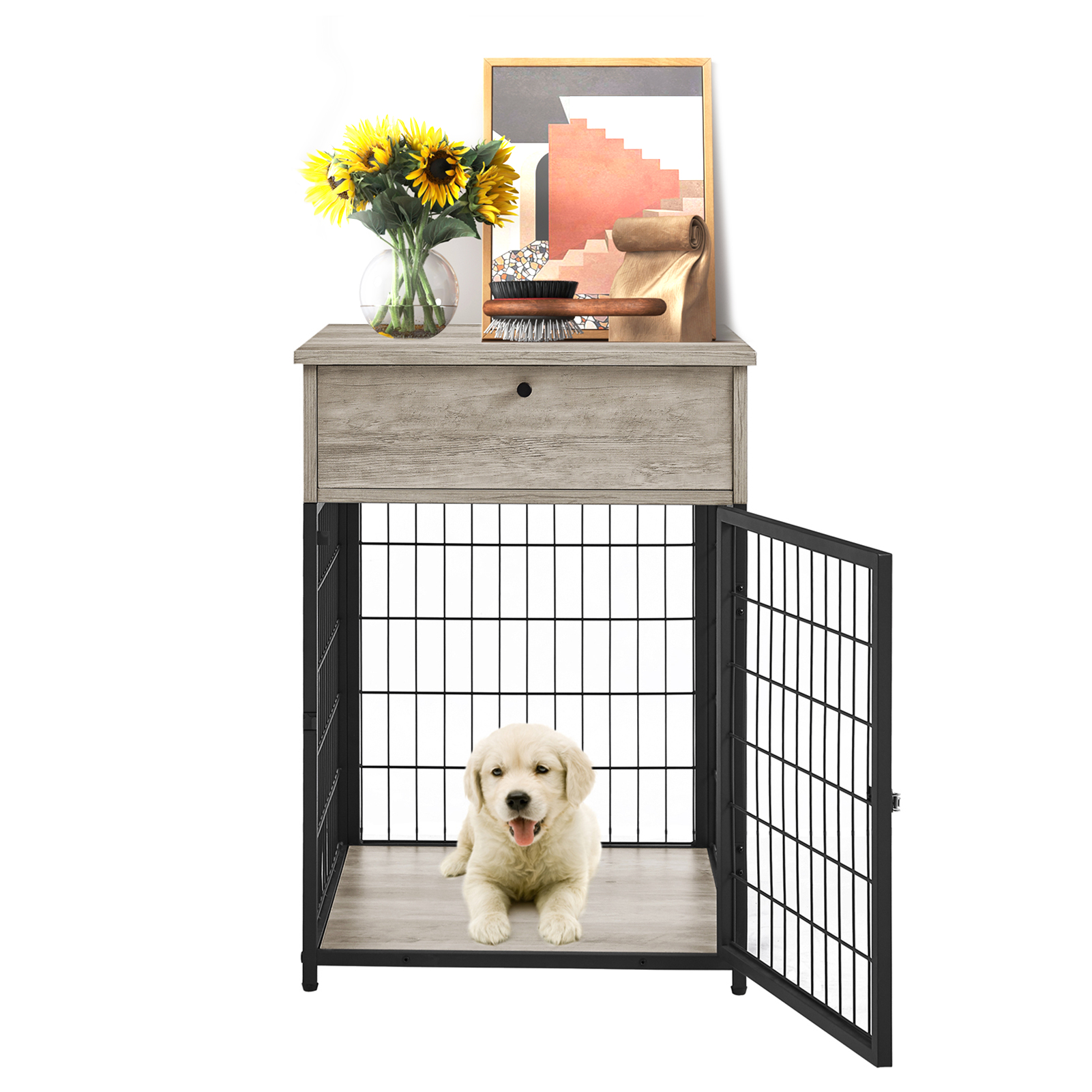 Okimo 20in Indoor Dog Cage Industrial Dog Kennel with Drawer Wooden
