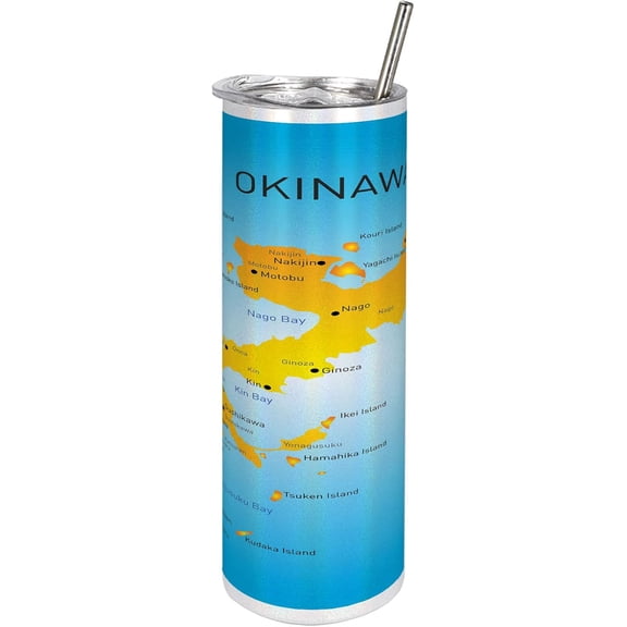 Okinawa 20 Oz Skinny Tumbler, Japanese Political Map with the Names Far Eastern Geography Print, Leak-Proof Straw Lid and Brush Vacuum Insulated for Outdoor Use, Pale Blue Orange