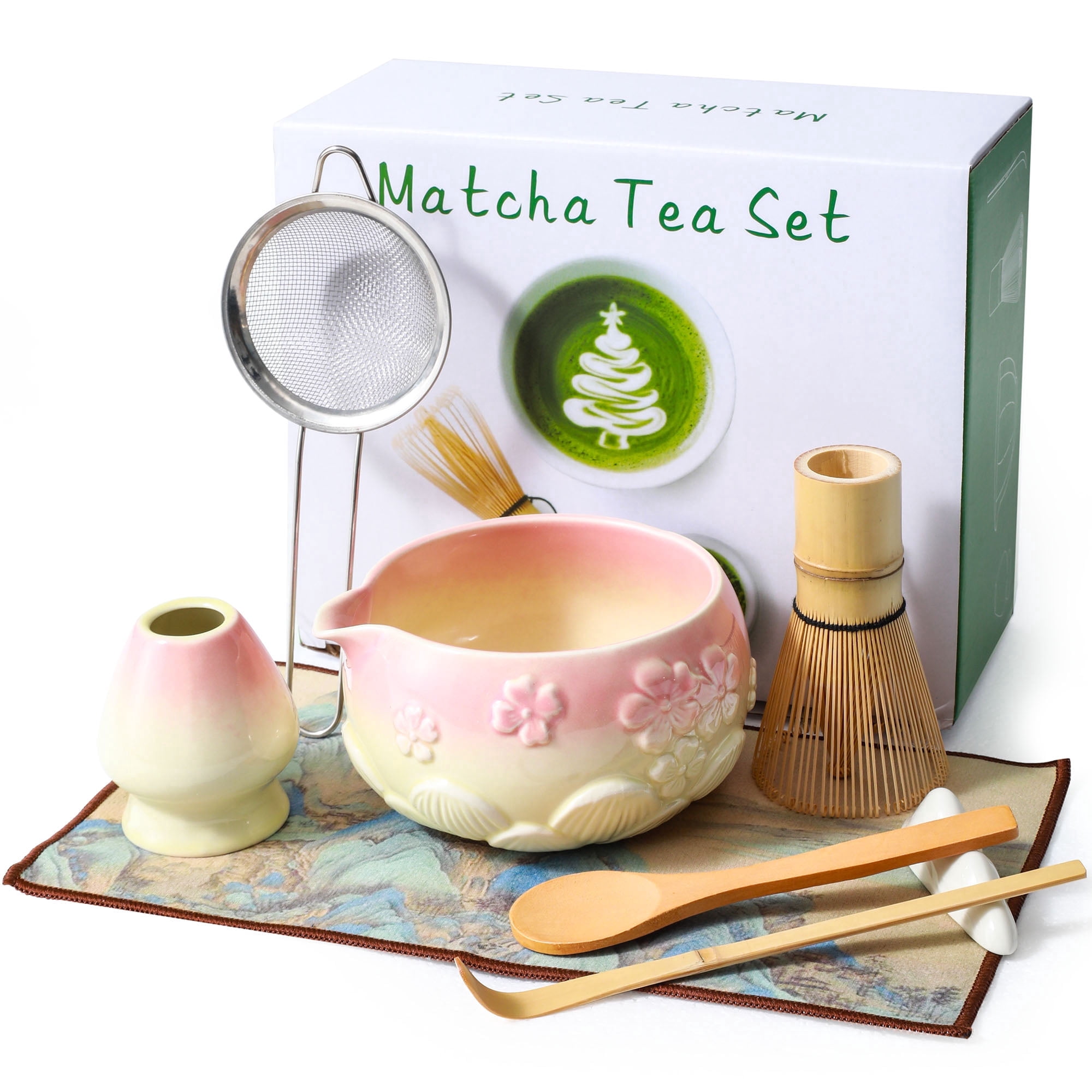 Okjoy Matcha Whisk Set, 8-Piece Ceramic Matcha Making kit with Bamboo Whisk, Bowl, Scoop & Gift Box, Pink