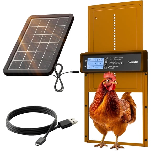 Okkobi Automatic Chicken Coop Door Solar Powered - LCD Display - with Remote Control, Light Sensor & Timer - Poultry Security & Peace of Mind, Anti-Pinch function - Brown