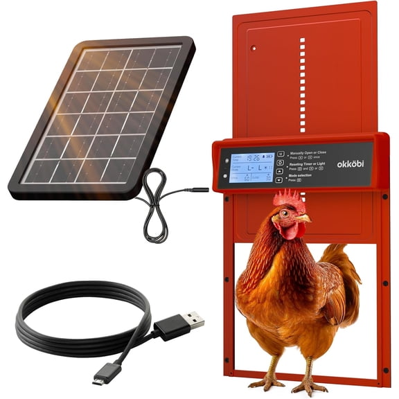 Okkobi Automatic Chicken Coop Door Solar Powered - LCD Display - with Remote Control, Light Sensor & Timer - Poultry Security & Peace of Mind, Anti-Pinch function - Red