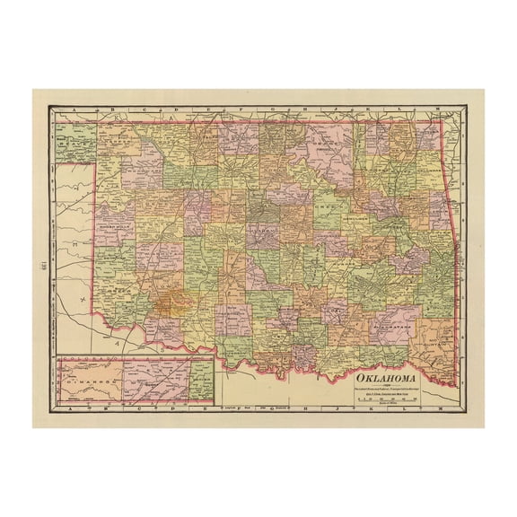 Oklahoma Art, 1909 Vintage Map of Oklahoma History Wall Decor Gift, Old Oklahoma Map - 24" x 18" Unframed Print