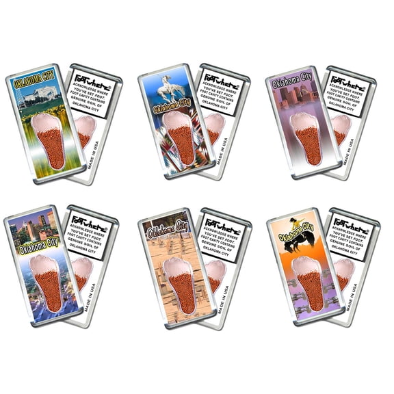 Oklahoma City FootWhere Souvenir Fridge Magnets. 6 Piece Set. (OKC200 - Assorted)