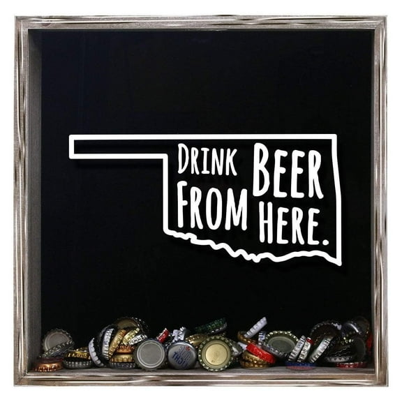 Torched Oklahoma Beer Cap Shadow Box Wall Mount Decor 13"x13"x3" Gray