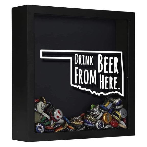 Torched Oklahoma Drink Beer Cap Shadow Box Wall Mount Decor 13" x 13" x 3" Black