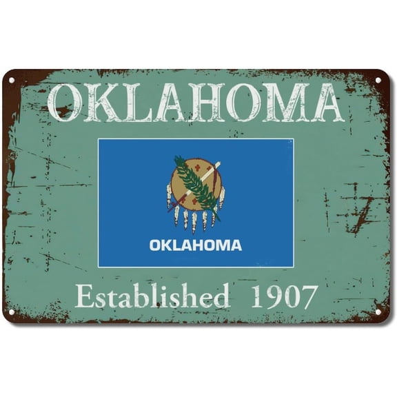 Oklahoma Established Metal Tin Sign, Vintage State Flag Aluminum Wall Decor Plaque, 12 x 8 in, for Bathroom, Living Room, Bedroom, Garage