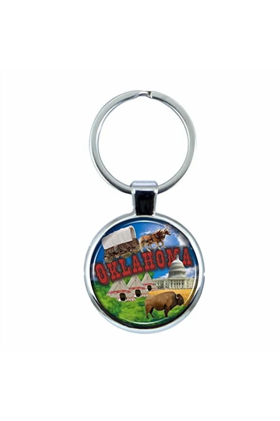 Oklahoma Keychain with Epoxy Dome and Metal Keyring