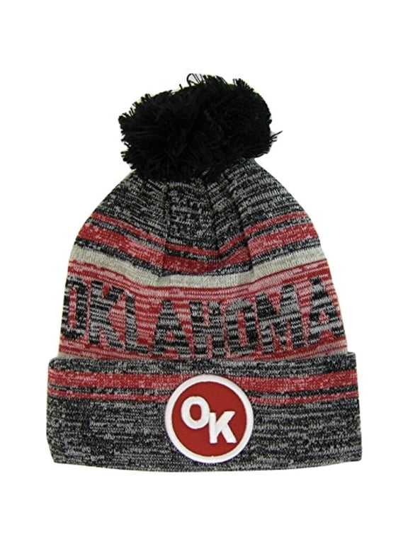 Oklahoma OK Patch Fade Out Cuffed Knit Winter Pom Beanie Hat (Gray/Burgundy)