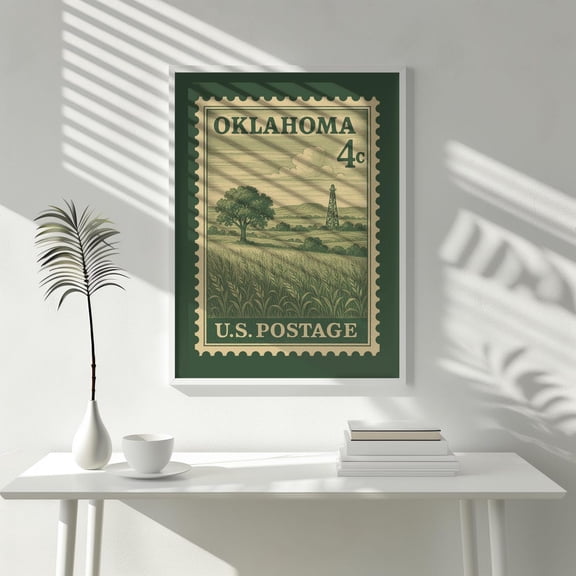 Oklahoma Postage Stamp Art Vintage Prairie Landscape Retro Wheat Field & Rig Wall Art Unframed Paper Print