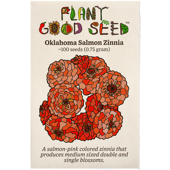 Plant Good Seed Oklahoma Salmon Zinnia Flower Seeds for Planting: Double Stacked Dahlia Blossoms, 100 Seed Packet