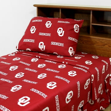 Oklahoma Sooners 100% cotton, 3 piece sheet set - flat sheet, fitted sheet, 1 pillow case, Twin XL, Team Colors