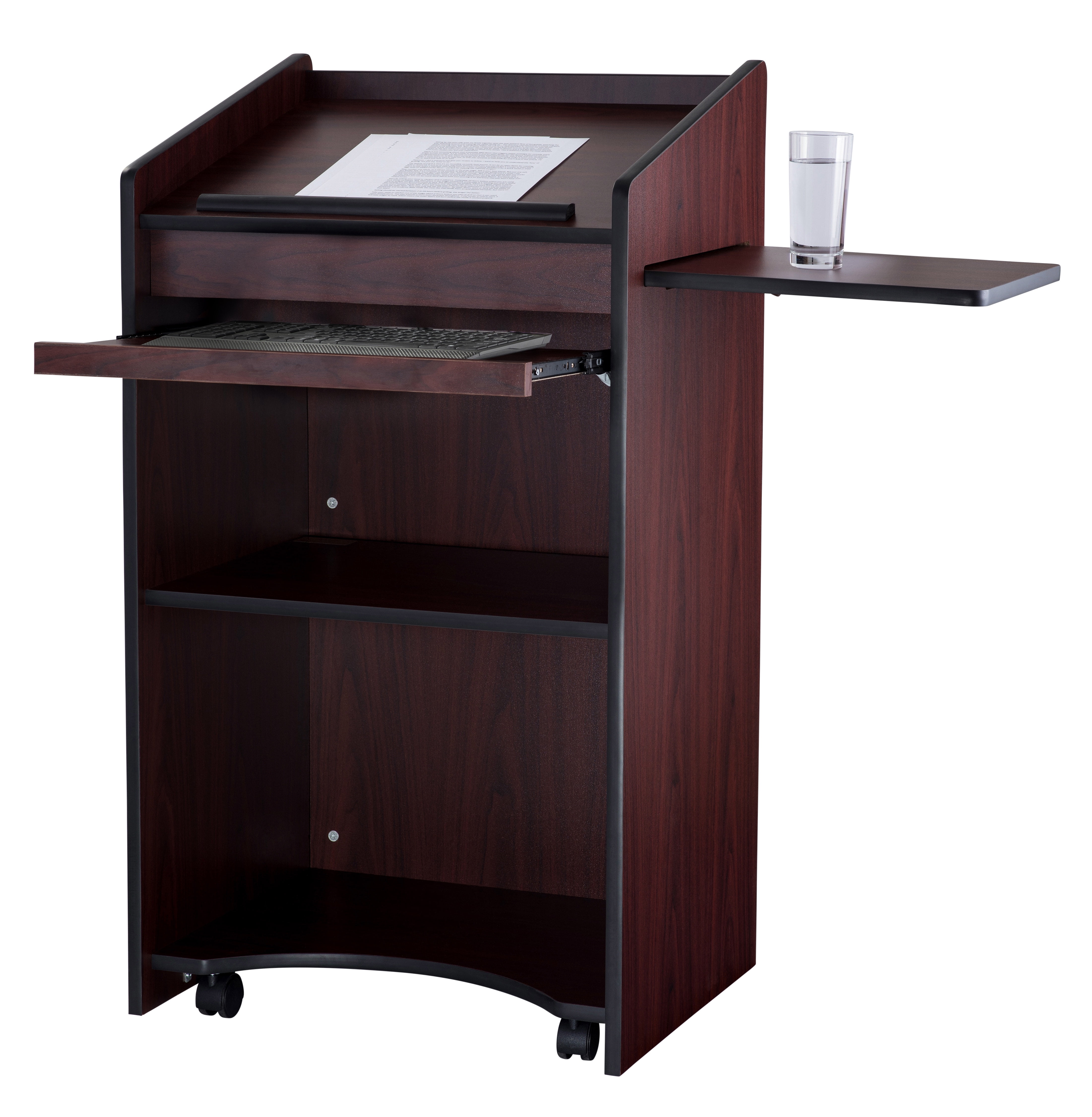 Mahogany Mobile Lectern with Shelves and Casters