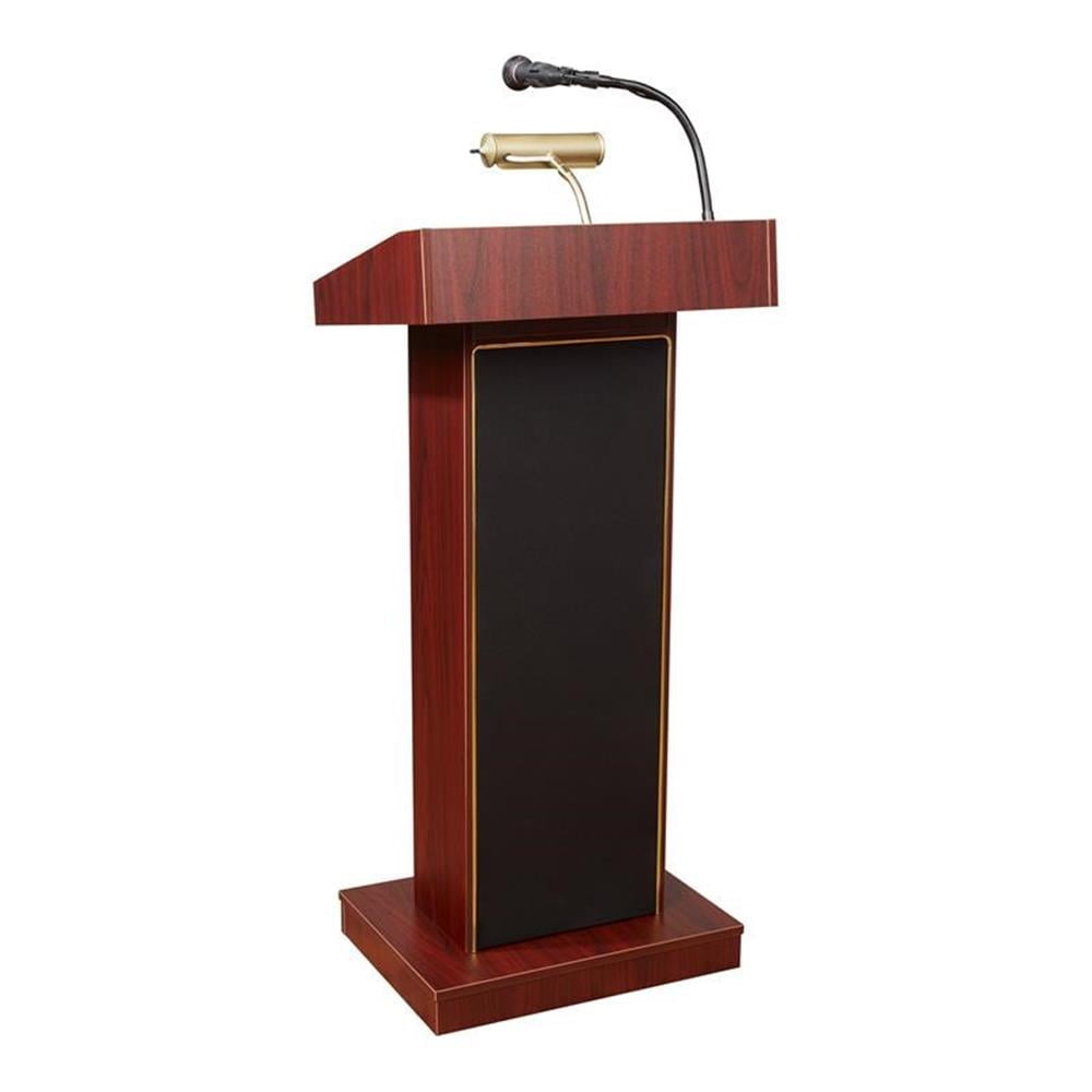 Mahogany and Black Multimedia Workstation Lectern with Brass Lamp