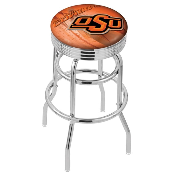 Oklahoma State 30 Inch L7C3C Chrome Double Ring With Ribbed Accent Bar Stool