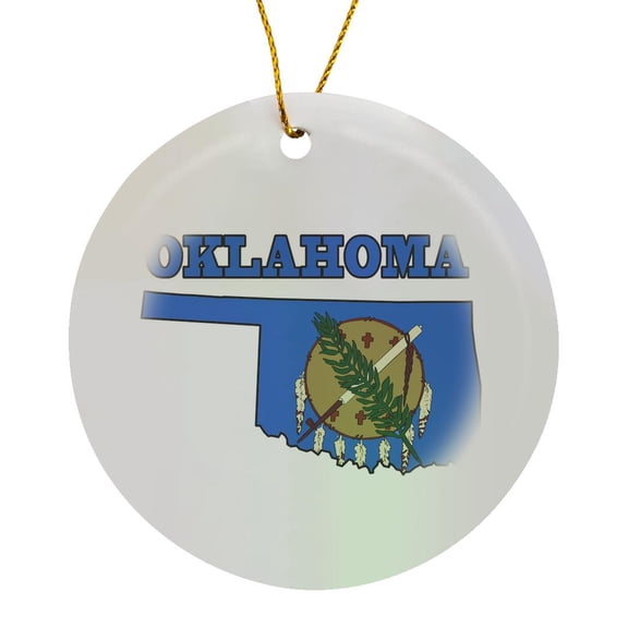 3drose, Oklahoma State Flag in the Outline Map and Letters for Oklahoma, Circle Porcelain Ornament