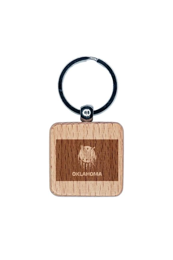 Oklahoma State Flag Square Keychain Charm Tag - Engraved Wood