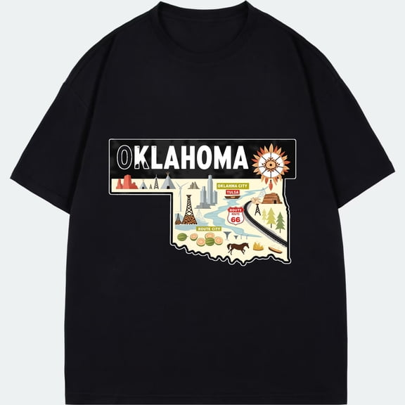 Oklahoma State Map Graphic T-Shirt Black Oklahoma Landmarks And Icons Print Casual Wear For Travel And Everyday Use