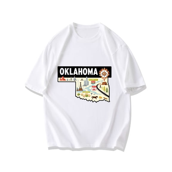 Oklahoma State Map Graphic T-Shirt Black Oklahoma Landmarks And Icons Print Casual Wear For Travel And Everyday Use