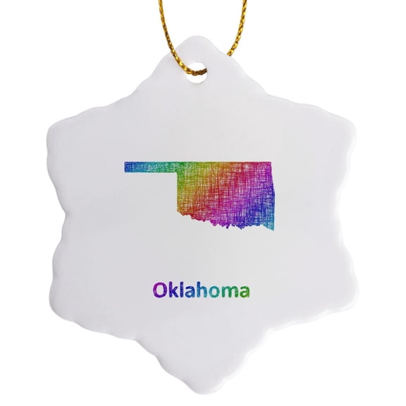 3drose, Oklahoma State Map - Rainbow Sketch Design, 3 inch Snowflake Porcelain Ornament