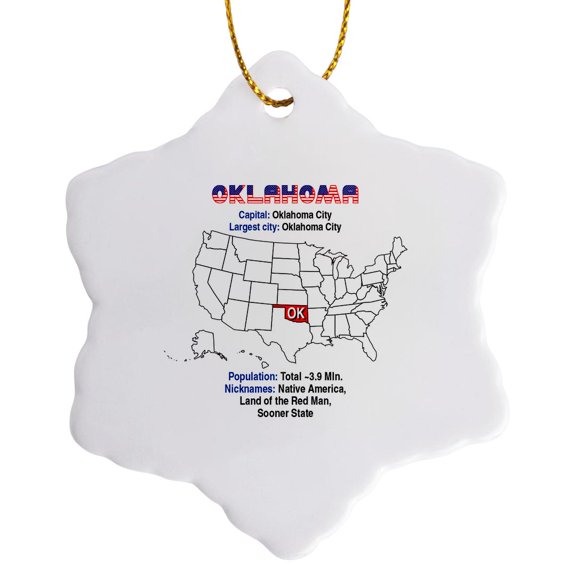 3drose, Oklahoma State of the Usa, American Map, Facts, Intriguing Details, 3 inch Snowflake Porcelain Ornament