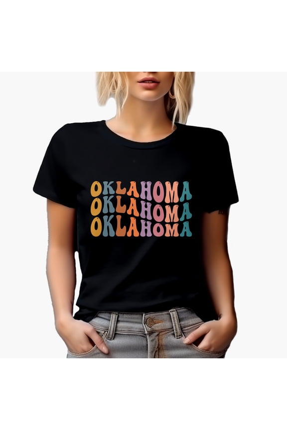 Oklahoma, US State Themed, Groovy Retro Wavy Text Merch Gift, Black T-Shirt, Medium