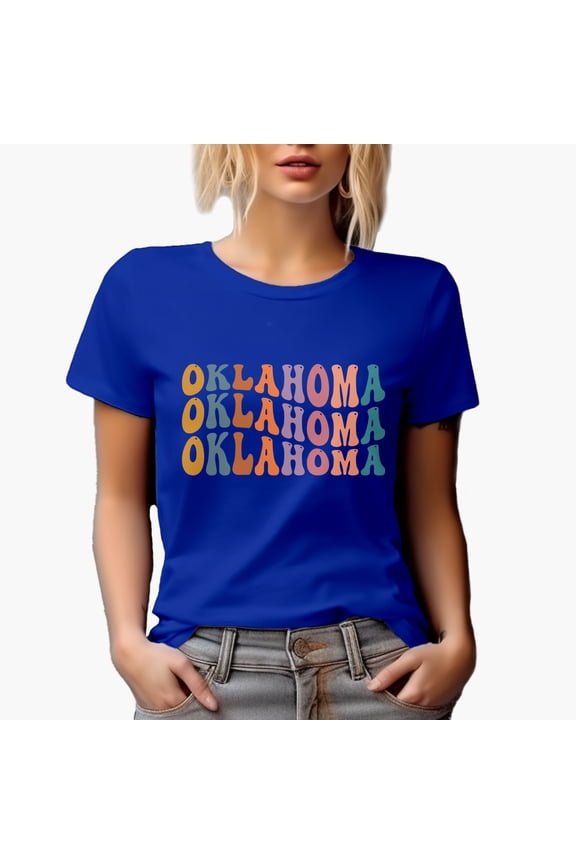Oklahoma, US State Themed, Groovy Retro Wavy Text Merch Gift, Royal Blue T-Shirt, Large