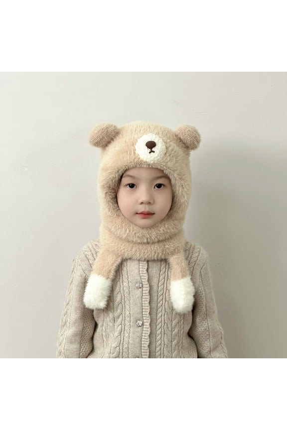 Kids Winter Hooded Scarf Hat, Cute Bear Ear Warm Plush Earflap Balaclava, Beige