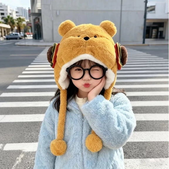 Okli_Rsoe Kids Winter Plush Hamburger Bear Trapper Hat, Cute Cartoon Thick Warm Earflap Cap, Yellow
