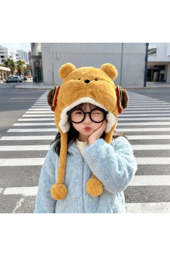 Kids Winter Plush Hamburger Bear Trapper Hat, Cute Cartoon Thick Warm Earflap Cap, Yellow