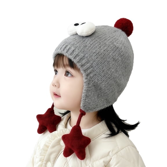 Okli_Rsoe Toddler Winter Knitted Beanie Hat, Cute Star Ball Earflap Warm Cap for Kids, Gray
