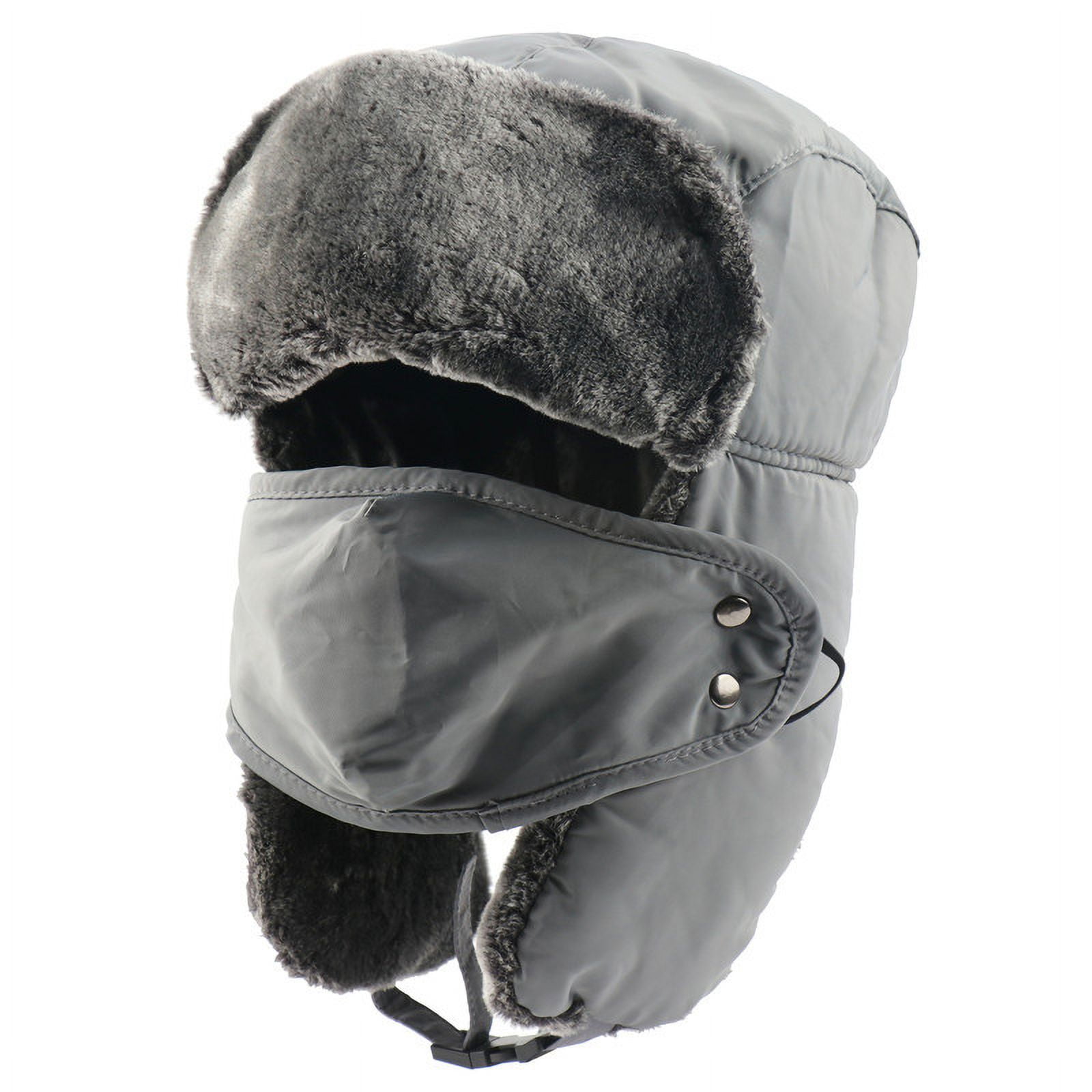 Okli_Rsoe Unisex Winter Trapper Hat, Waterproof Warm Faux Fur Ski Cap with Mask, Gray