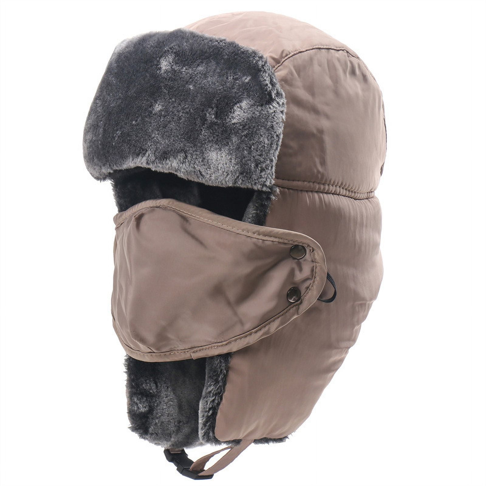 Okli_Rsoe Unisex Winter Trapper Hat, Waterproof Warm Faux Fur Ski Cap with Mask, Khaki