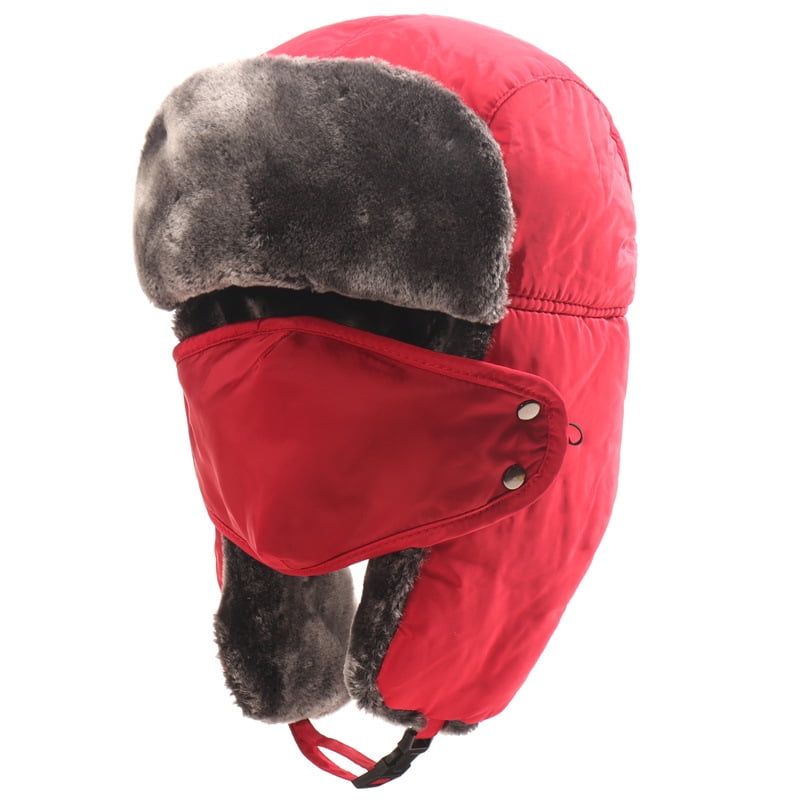 Okli_Rsoe Unisex Winter Trapper Hat, Waterproof Warm Faux Fur Ski Cap with Mask, Red