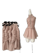 Okma Hanging Neck Dress Female Summer Chiffon Design Sense Pleated Waist Thin Sexy Sexy Temperament Skirt Pinky Apricot M