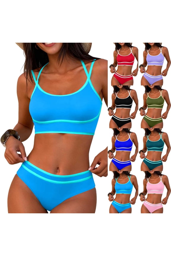 2 PC Bikini Sets for Women Casual Scoop Neck Halter Swimsuits Adjustable Strap Bathing Suit Cozy Thong for Beach Black S
