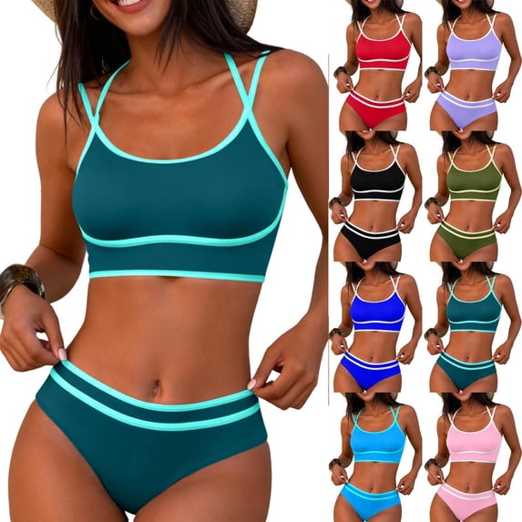 Oksale 2 PC Bikini Sets for Women Casual Scoop Neck Halter Swimsuits Adjustable Strap Bathing Suit Cozy Thong for Beach Blue XXL