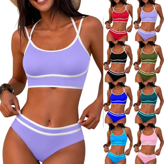Oksale 2 PC Bikini Sets for Women Casual Scoop Neck Halter Swimsuits Adjustable Strap Bathing Suit Cozy Thong for Beach Purple L