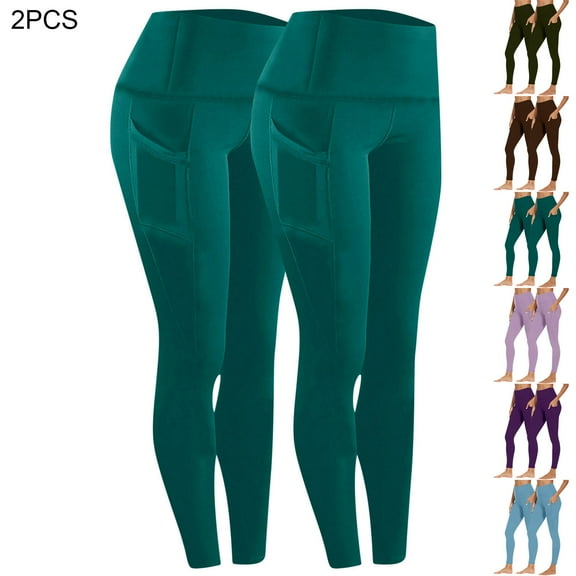 Oksale 2 PC Plus Size Leggings for Women Tummy Control Yoga Pants Elastic High Waisted Jeggings Trousres with Pockets Slim Cozy Tights Brown S