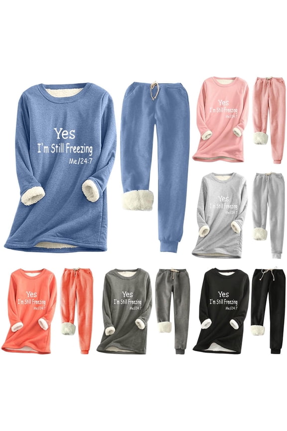 2 PC Yes,I'm Always Freezing Sweatsuits Set Women Fluffy Sherpa Lined Sweatshirts with Pockets Elastic Drawstring Sweatpants Plus Size Casual Outfits for Going Out 2025 Black L