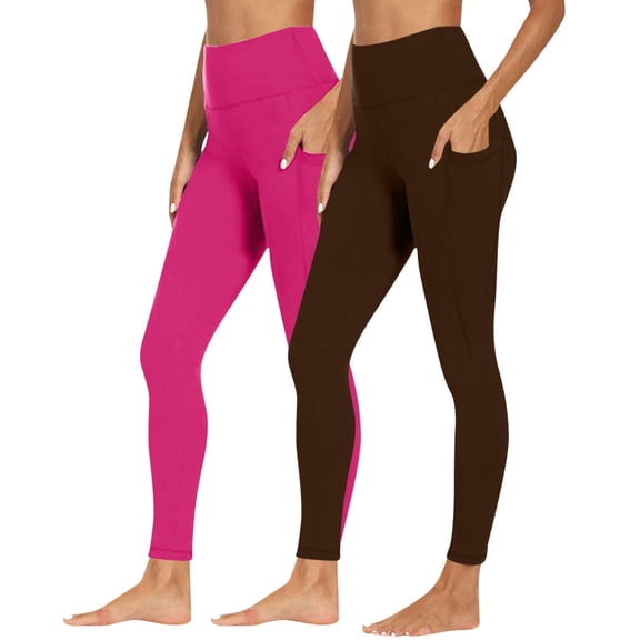 Oksale 2 PC Yoga Pants with Pockets for Women Stretchy High Waisted Plus Size Leggings Slim Comfy Tummy Control Athletic Tights 2026 Brown L