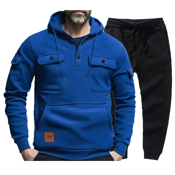 Oksale 2 Piece Fleece Sweatsuits for Men Plus Size Button Hoodies with Pockets Casual Drawstring Sweatpants Soft Warm Athletic Outfits Blue XL
