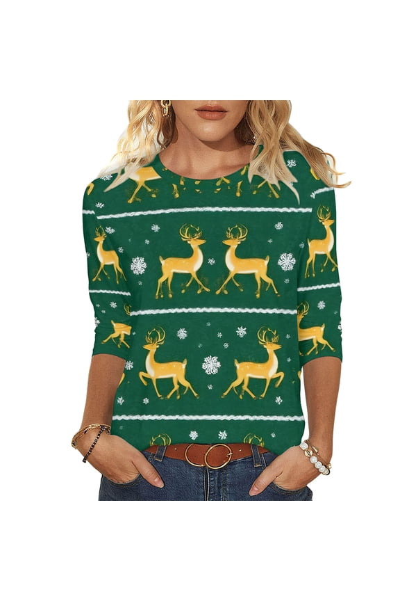 3/4 Length Sleeve Womens Tops Cute Xmas Graphic Shirts Plus Size Christmas Tee Blouses Soft Loose Fit Fashion Top Casual Crew Neck Blouse Green XXL