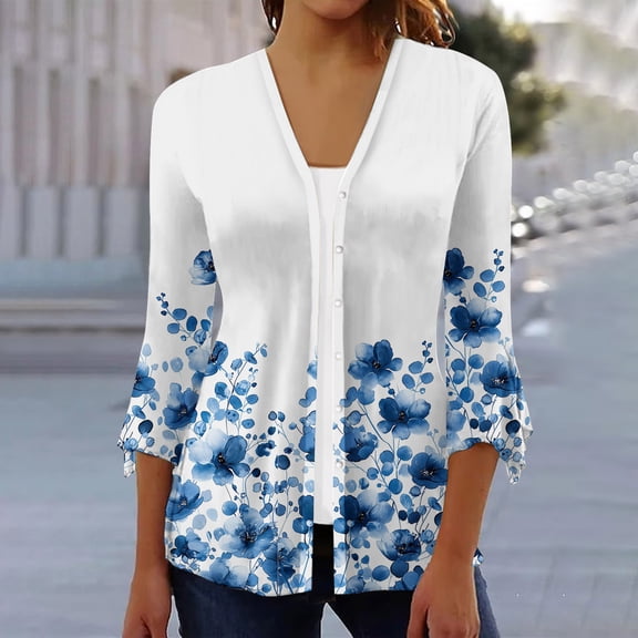 Oksale 3/4 Sleeve Cardigans for Women Lightweight Floral Print Cotton Cardigan Casual Button Down Dressy Summer Tops for Beach Multicolor S