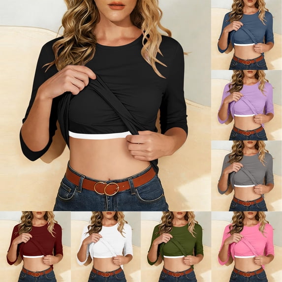 Oksale 3/4 Sleeve Tops for Women Built in Bra Slim Fit Casual Crewneck Summer Tops Lightweight Lounge Tees Trendy Cozy Ladies Clothing Black L