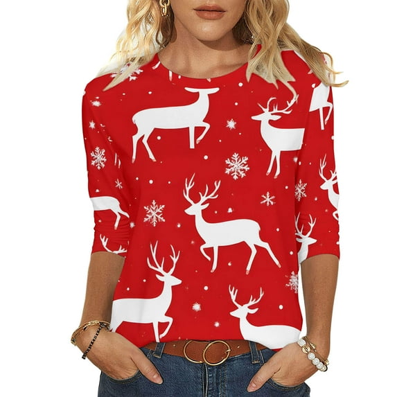 Oksale 3/4 Sleeve Womens Christmas Tops Plus Size Graphic Shirts Casual Round Neck Shirt Soft Comfortable Festival Top Loose Fit Fall Blouses Red XXL