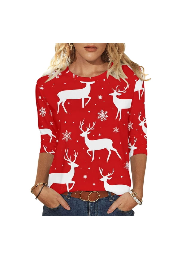 3/4 Sleeve Womens Christmas Tops Plus Size Graphic Shirts Casual Round Neck Shirt Soft Comfortable Festival Top Loose Fit Fall Blouses Red XXXL