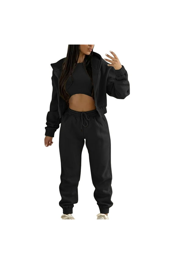 3 PC Sweatsuits for Women Set Cropped Hoodies Sweatshirts Fleece Lined Vest Drawstring Sweatpants Warm Winter Active Outfit 2025 Black M