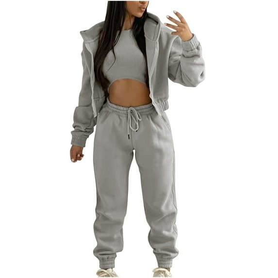Oksale 3 PC Sweatsuits for Women Set Cropped Hoodies Sweatshirts Fleece Lined Vest Drawstring Sweatpants Warm Winter Active Outfit 2025 Gray S